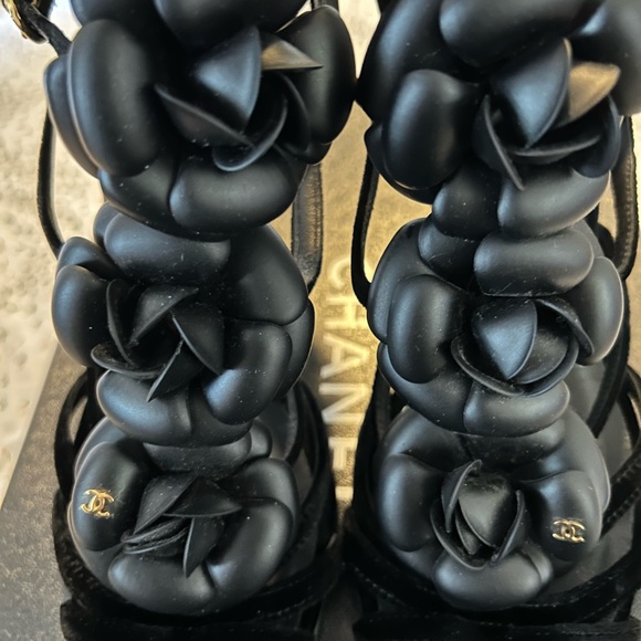 CHANEL Black Camellia-Embellished Strappy Heels - Picture 3 of 6